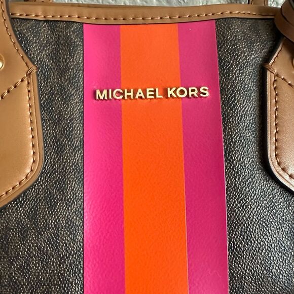 Michael Kors Eva Large Signature Logo Orange & Pink Stripe Tote Bag w/clutch - Picture 4 of 13